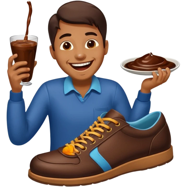 Man laughing with chocolate sauce on shoe emoji