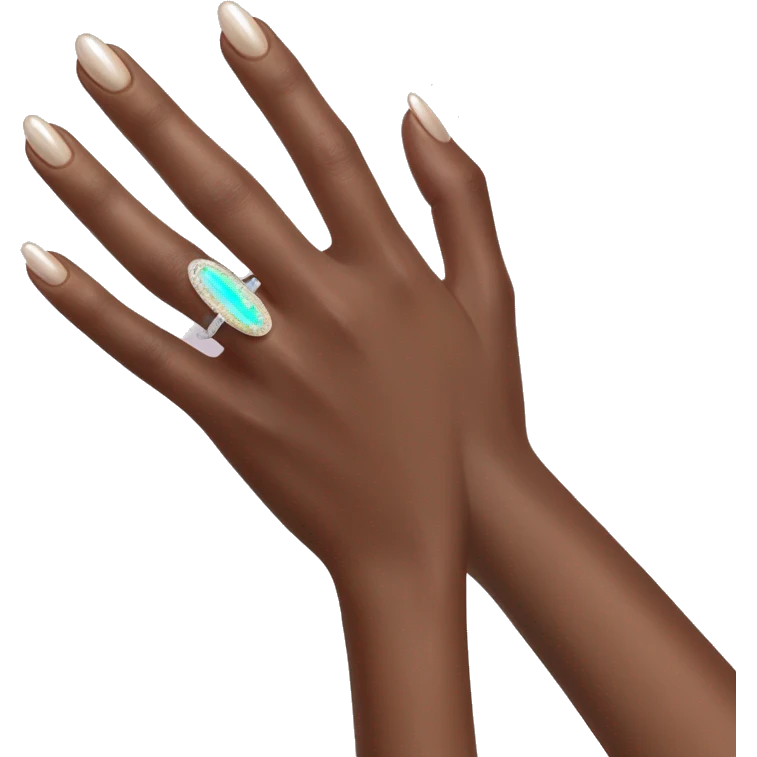 Long oval french manicured hands with oval iridescent gem on wedding ring finger emoji