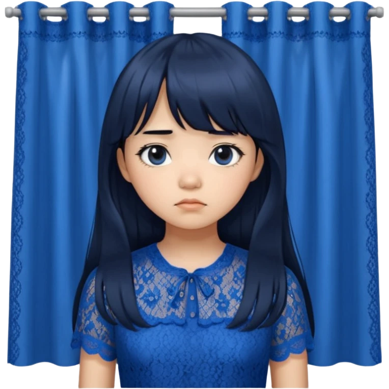 Long hair asian girl with curtain bangs with a blue lace top on with sad expression emoji