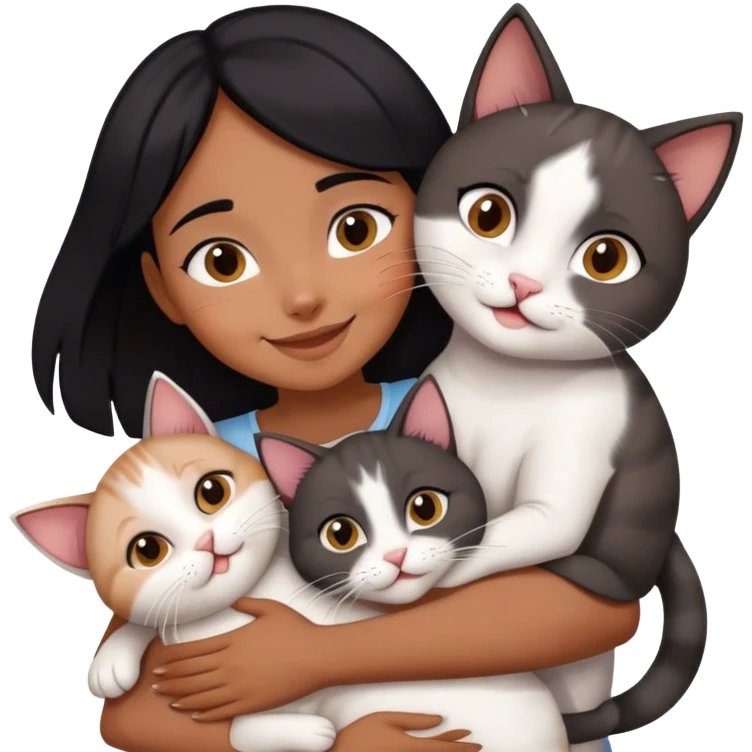 happy black haired girl hugging three cats  (carey cat, gray cat, white brown cat) emoji
