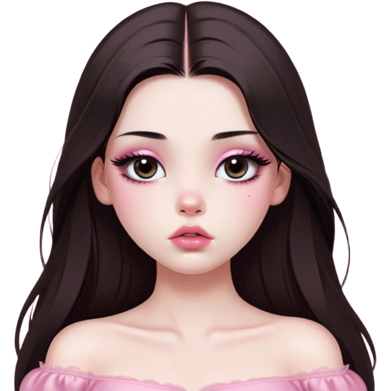 girl with white skin, dark brown long straight hair with middle part falling in front of her body, very big pouty extra shiny lips with absolutely no cupid's bow, big round shiny eyes with black eyeballs and huge eyelashes, no eyeshadow, pink blush on cheeks, lighter button nose, very long oval-shaped face, wearing a pink off-shoulder top, looking directly at camera with hands down at sides emoji