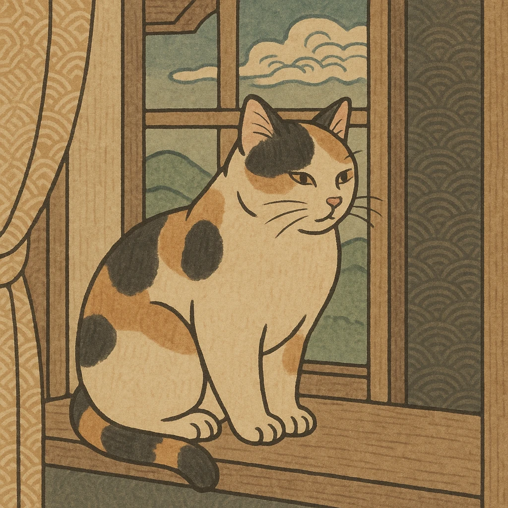 ukiyo-e style illustration of a cat sitting on a windowsill emoji