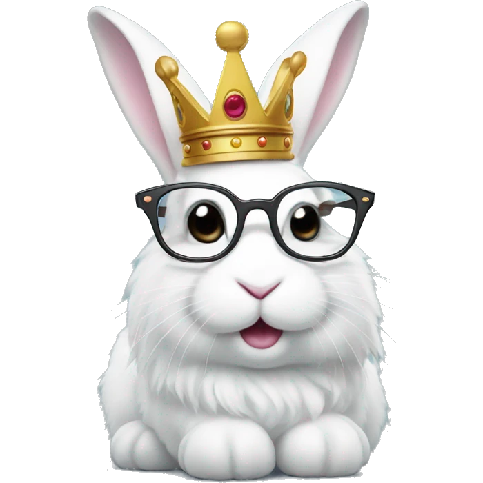 super fluffy white bunny with glasses wearing a crown emoji