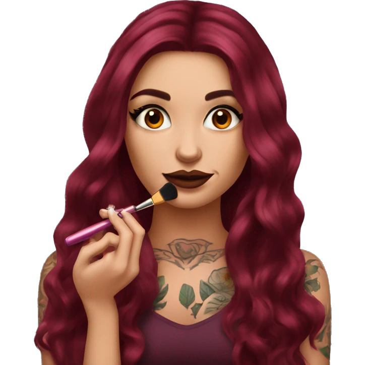 Beautiful tattooed burgundy long haired woman doing her makeup emoji