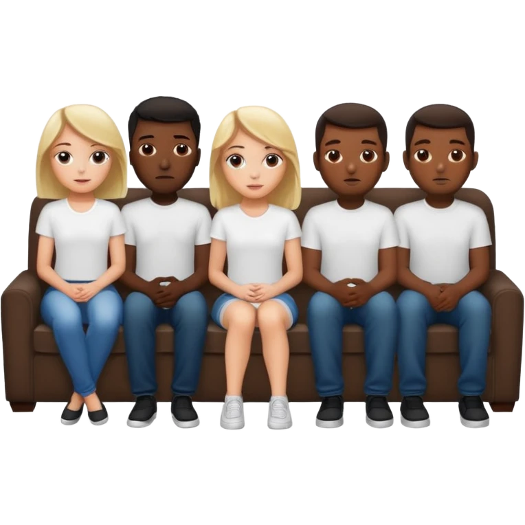 A white girl sitting alone on a couch with 5 black men in white shirts behind the couch. Recreate the popular meme "5 black guys and a blonde emoji