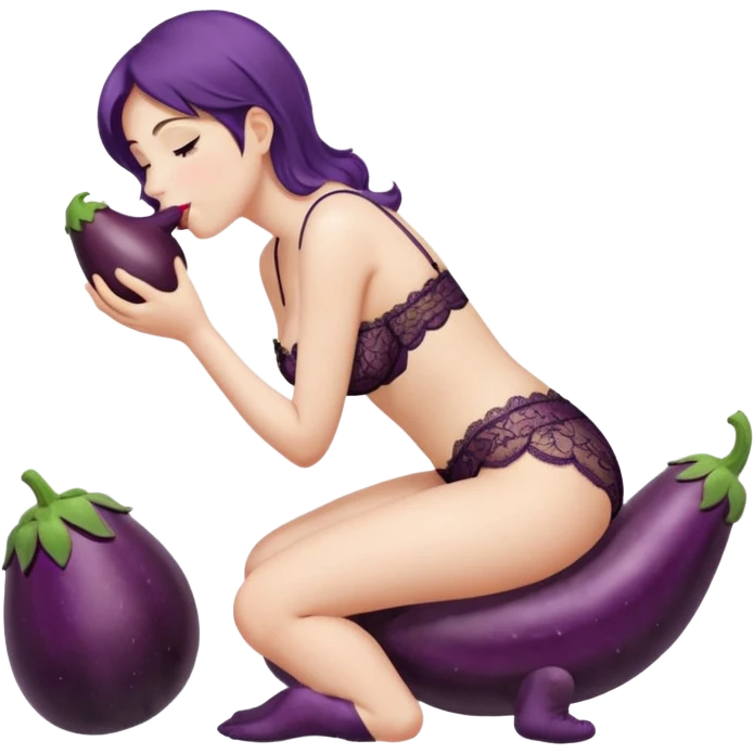 lady in lace lingerie on knees and kissing big eggplant in her mouth from the side emoji