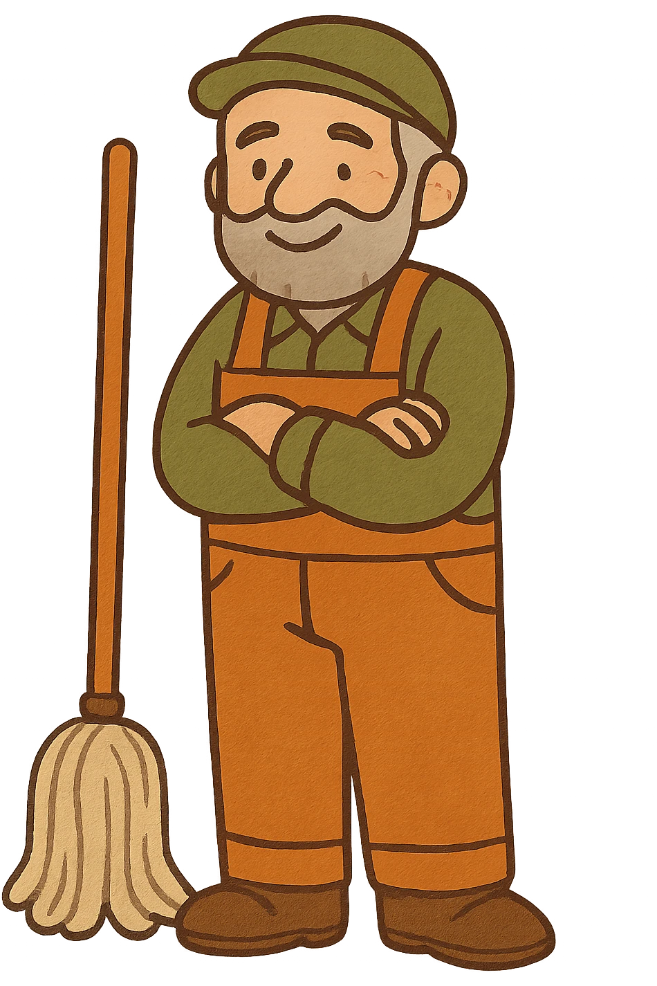 friendly looking janitor with gray beard and hair, mop leaning beside, colorful flat style emoji