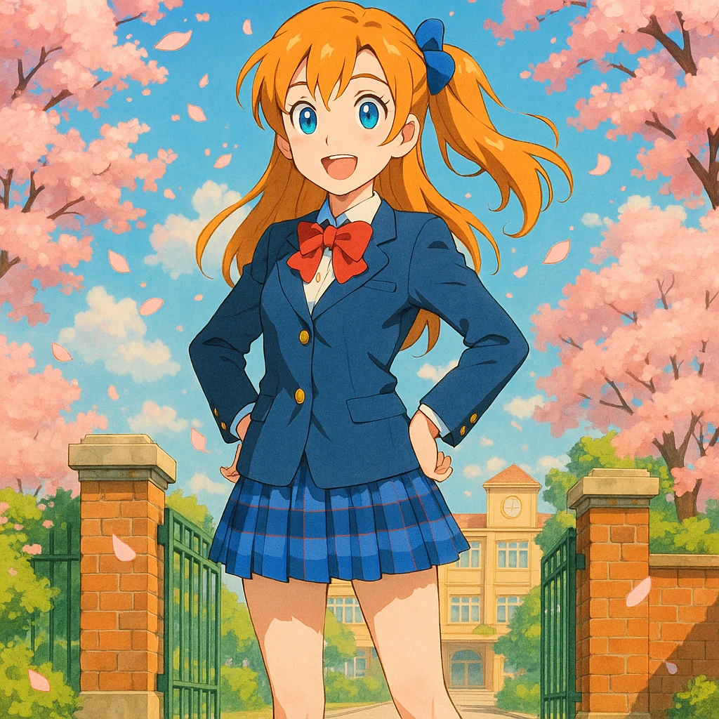 bright and cheerful anime schoolgirl standing confidently in front of her school gate during spring, cherry blossoms fluttering around, long light orange hair in a side ponytail with a blue ribbon, expressive blue eyes, warm smile, classic Japanese high school uniform with navy blue blazer, white blouse, red ribbon bow, blue checkered skirt, knee-high navy socks, brown loafers, vibrant 2D anime style inspired by Love Live!, lively background with high attention to color and lighting emoji
