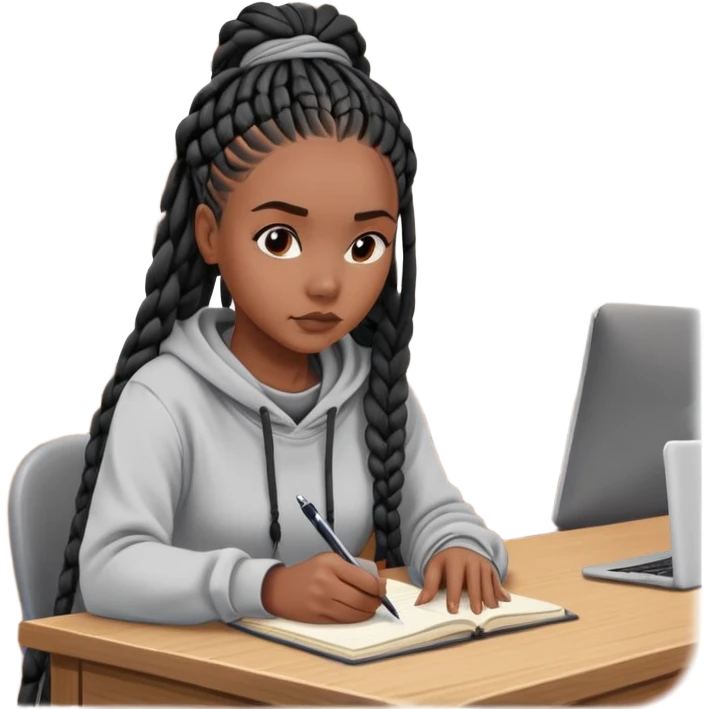  A dark-skinned Black woman with long black box braids, sitting at a desk, writing in a notebook, wearing a hoodie, looking focused. emoji