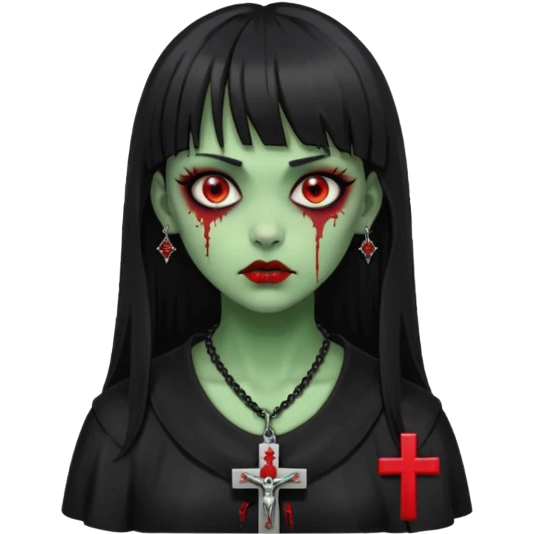 zumbi verde com olhos vermelhos sangrando e franja roupa preta e um crucifixo como colar, sem ser na testa e um piercing no nariz bem feminino a franja reta também  emoji