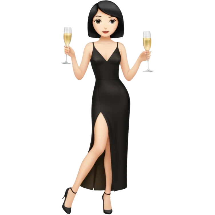 Blonde Woman, Long black slipdress, Slot left Leg,man black Cut,fly, Champagner glas emoji