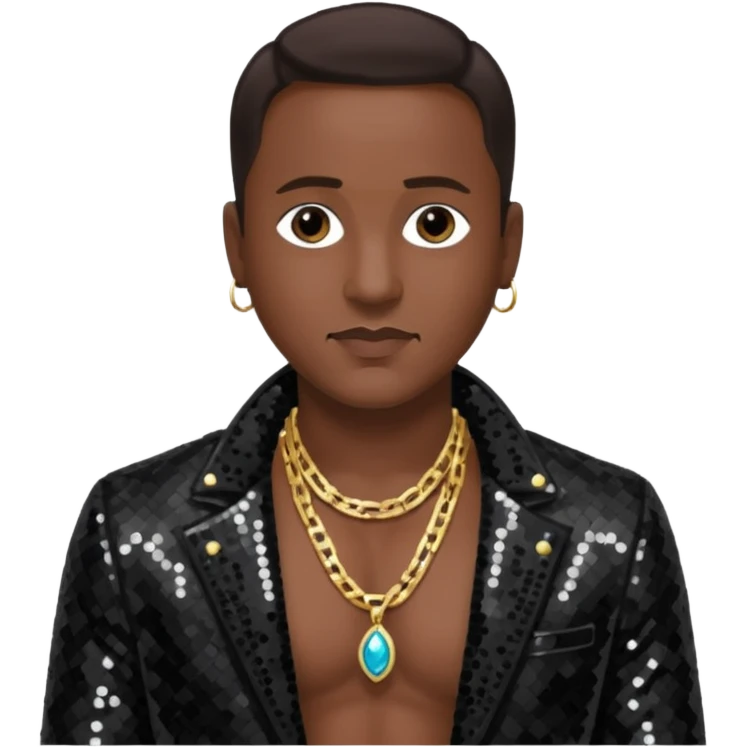 Johnny Gill with dark brown hair, black sequin jacket, shirtless with necklace emoji