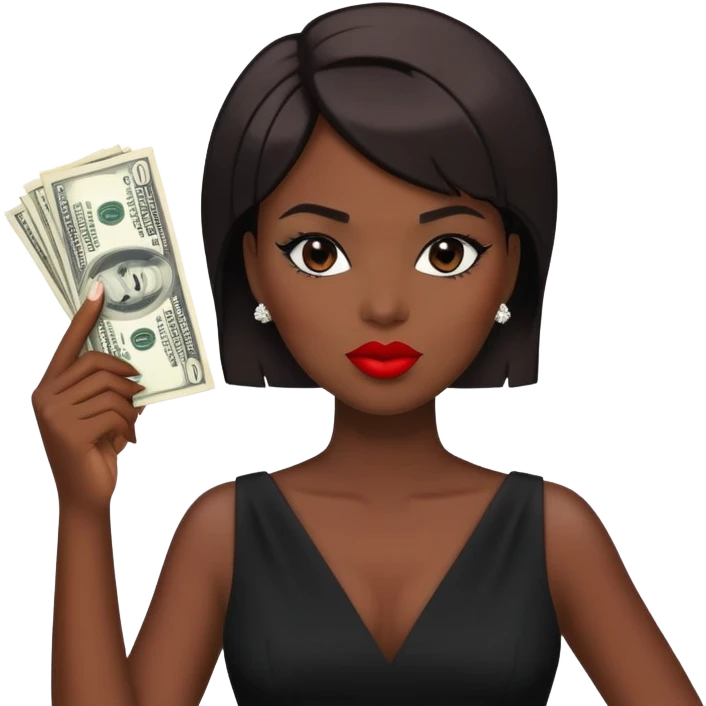 Grown Woman holding dollars wearing black dress red lipstick short hair  emoji