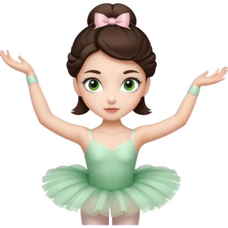 Realistic Ballerina Portrait, with porcelain-like skin featuring a natural rosy flush, illuminated by soft lighting that highlights the gentle contours of her face. Her Brunette hair flows in soft.Her deep green light eyes radiate framed by arched brows and long lashes. emoji