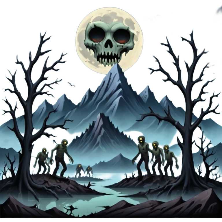 A dark creep Alaskan land scape with rotting trees and zombies rising from the ground infront of evil looking mountains with a cloudy evil moon. emoji
