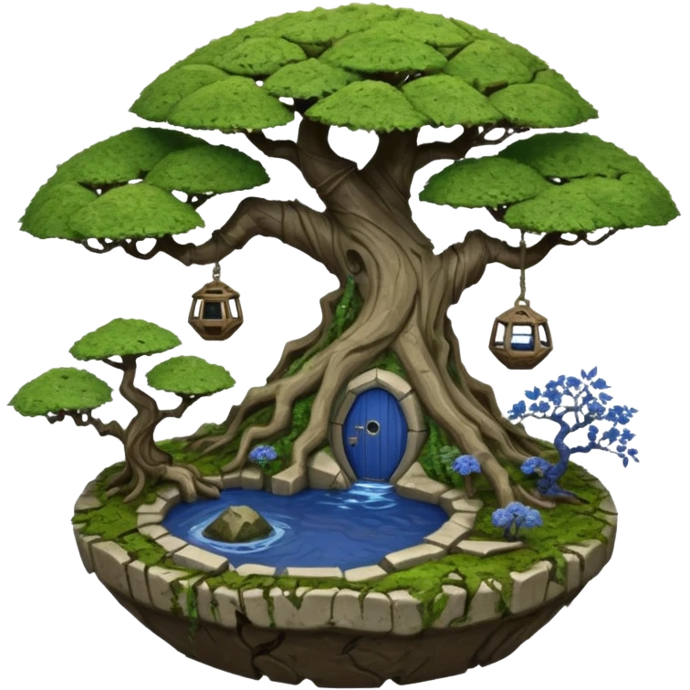 Alien spacecraft hanging jungle-vines mountain-island landscape antique mudman very old broken cracked intricate Stone Age rocky-crusted irregular dodecagon-shaped shallow dark moss rough bark blue willow flowered maple tree bonsai pot emoji