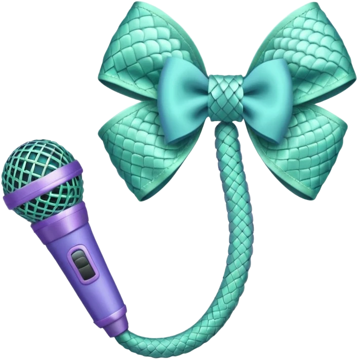 A pastel blue bow with a pastel a pastel green snake at the top of one side and a pastel purple microphone on the bottom of the other side of the bow emoji