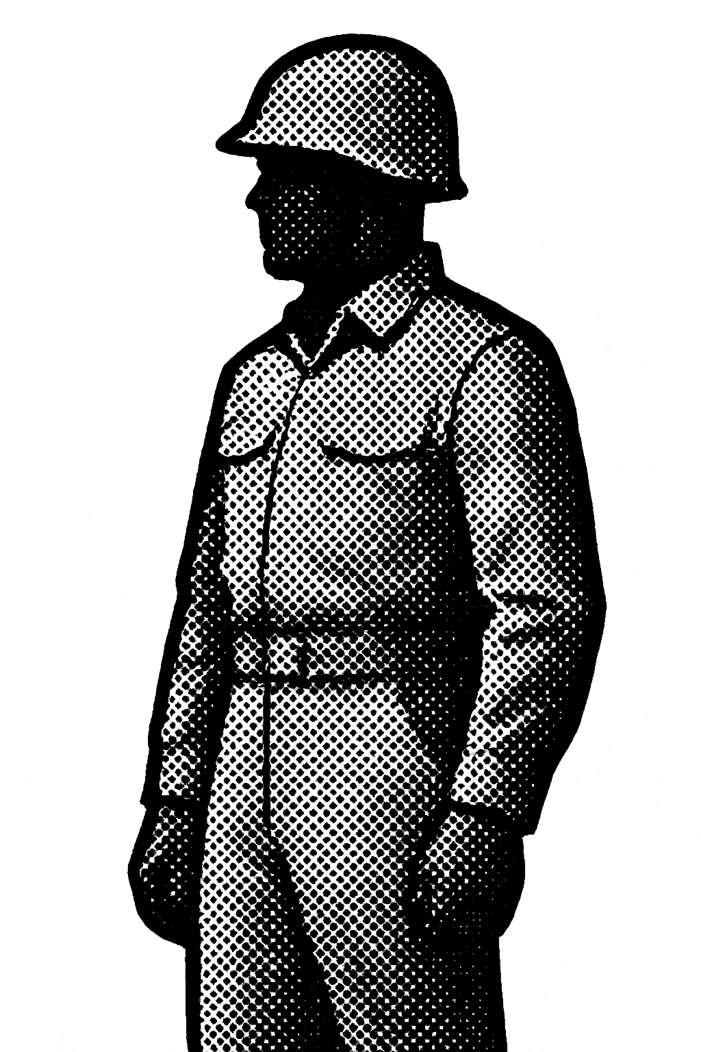 silhouette of a standing American soldier, general silhouette, black and white, minimalist outline, no details, no weapons, only helmet and uniform emoji