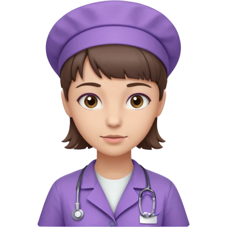 A young female slim nurse with short Brown hair with fringe over her forehead, wearing larvendar purple working cloth emoji