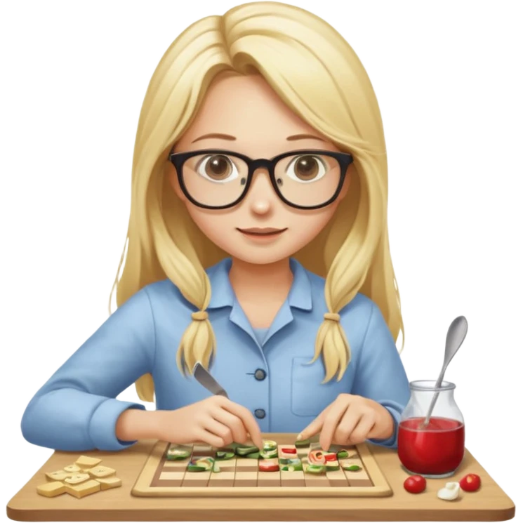 je voudrai un emoji d'une fille aux cheveux longs et blonds avec des lunettes entrain de découper, une entrain de faire un jeu de société, une qui cuisine, emoji
