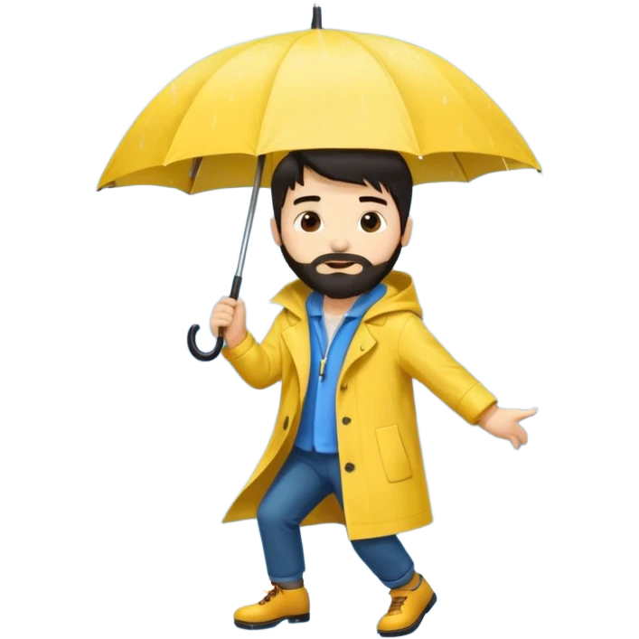 A dark-haired boy with a white beard dancing with an umbrella in the rain emoji
