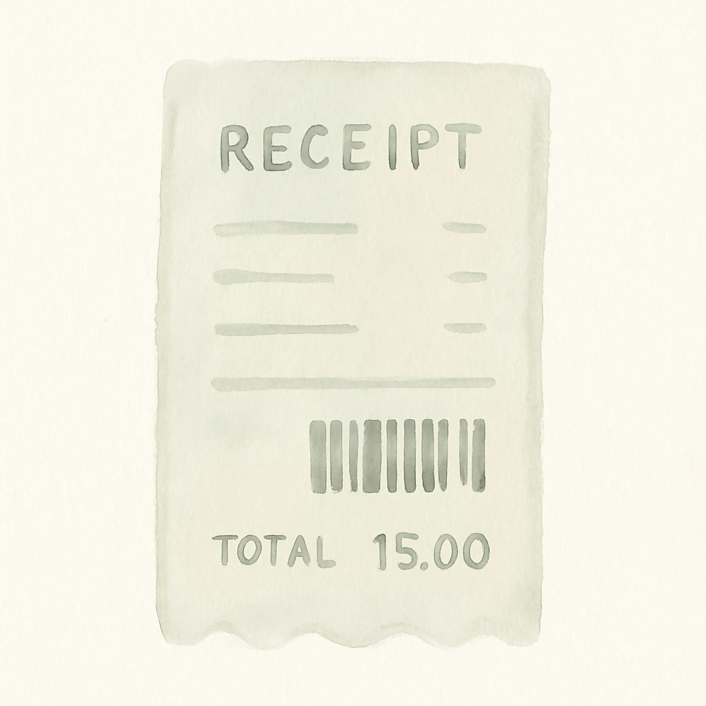 a receipt with a barcode and total, watercolor style emoji