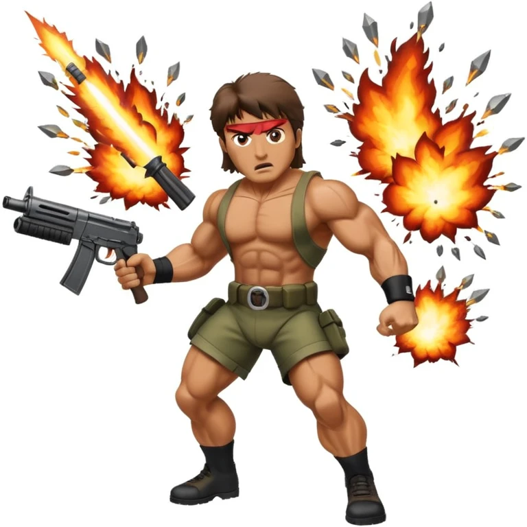 Icon for Action Movies: Rambo in the lead role, in an intense action pose with weapons, explosions, and dramatic background. The design should evoke the classic action movie feel with muscle-bound heroes and high-energy sequences. Transparent background. emoji