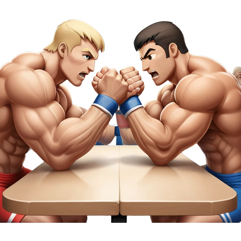 Two strong competitors locked in an intense arm wrestling match, muscles tensed as they battle for victory. The table is well-lit, showcasing their focused expressions and powerful arm grips. The background features a competitive arena with a cheering crowd. Transparent background. emoji