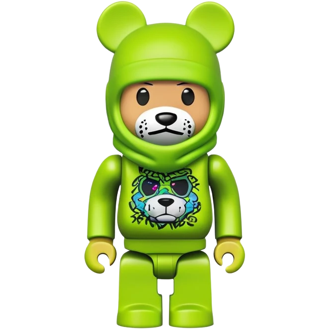 bearbrick toy wearing a lime green balaclava with graffiti style artwork emoji