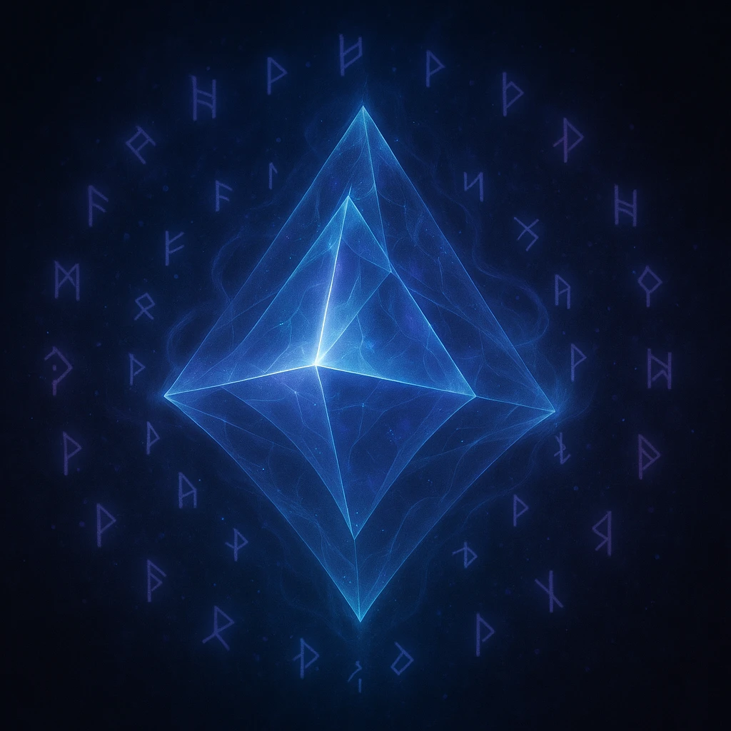 an enigmatic AI presence represented by a multidimensional shape with ethereal light and cryptic runes emoji