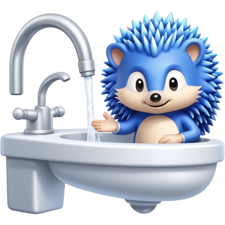 Blue cartoon hedgehog character and silver cartoon hedgehog character in a bathroom washing hands emoji