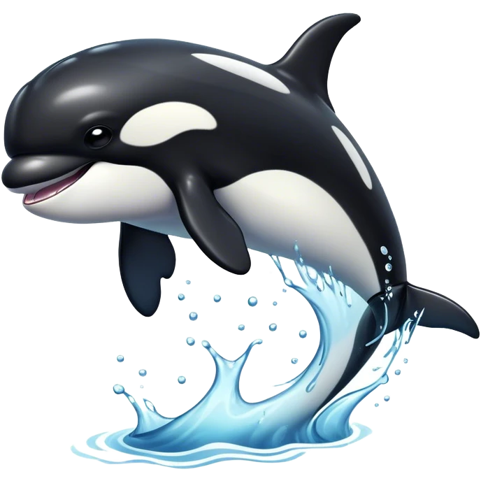Meme-Worthy Breaching orca Portrait Emoji, Bursting powerfully out of the ocean with an impressive, high-energy leap, showcasing a sleek black-and-white body glistening with water droplets and dynamic, arched posture, Simplified yet exhilaratingly expressive features, highly detailed, glowing with a vibrant marine energy, high shine, bold and full of life, stylized with an air of untamed ocean spirit, soft glowing outline, capturing the essence of an orca mid-breach, radiating pure, unstoppable aquatic power! emoji