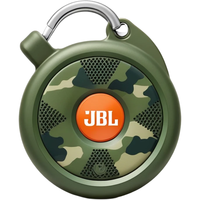 Minimalist JBL Clip 4 speaker with circular shape, carabiner clip, green camouflage pattern, and small JBL logo in the center, iOS emoji style emoji