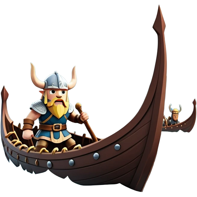 clash-of-clans-aesthetic_-cinematic-viking-longboat, rendered in a flat, bold vector style with minimal shading, featuring a striking dragon-headed prow slicing through icy, churning waters. shields on the side and vikings rowing The longboat’s intricately detailed shields and carved motifs evoke a sense of epic adventure and Nordic might, with billowing sails catching a dramatic, stormy sky backdrop. emoji