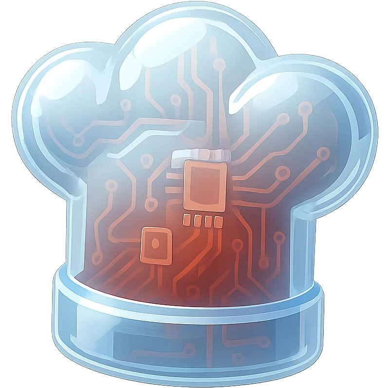 white chef hat, centered, red background with circuit pattern, glossy circuit style emoji