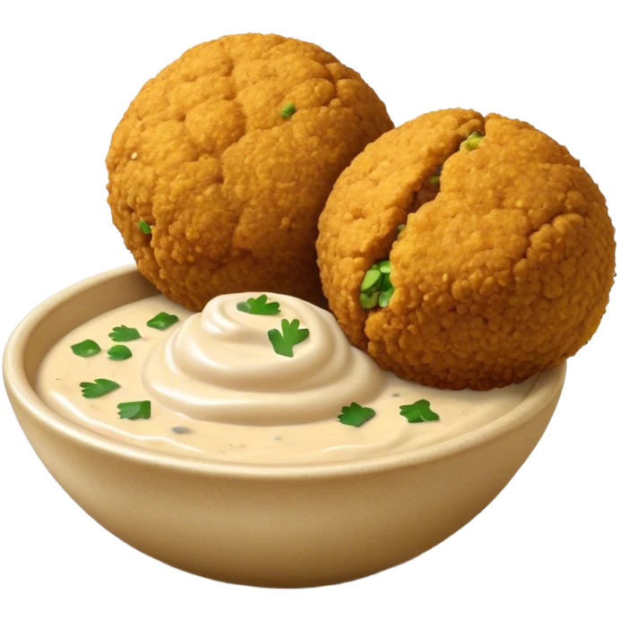 Cinematic Realistic Falafel Dish Emoji, depicted as crispy, golden falafel balls served with tahini sauce rendered with lifelike textures and vibrant, appetizing lighting. emoji