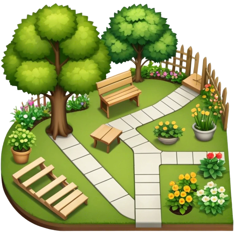 Icon for Landscape Design: a garden layout with trees, plants, pathways, and outdoor furniture, along with design tools like a ruler, pencil and sketchpad. The icon should represent the creativity and planning behind landscape design. Transparent background. emoji