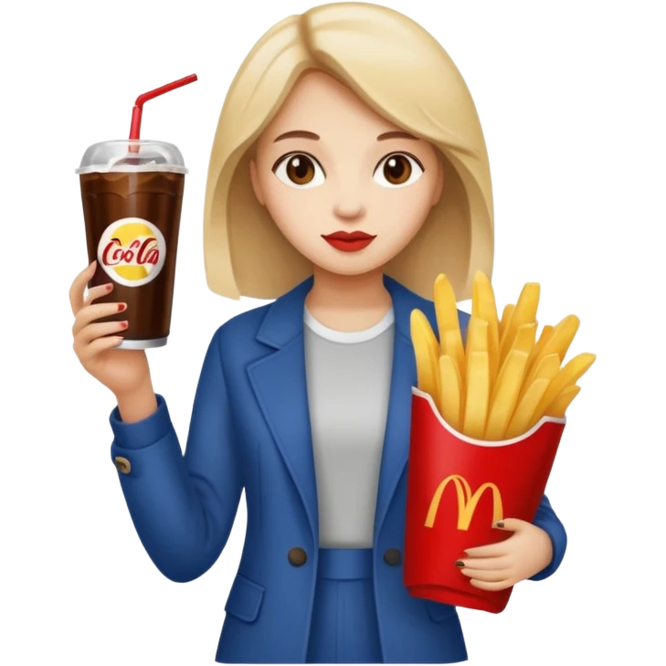 a young woman full length with cola in one hand and french fries in the other hand and a painting under her arm emoji