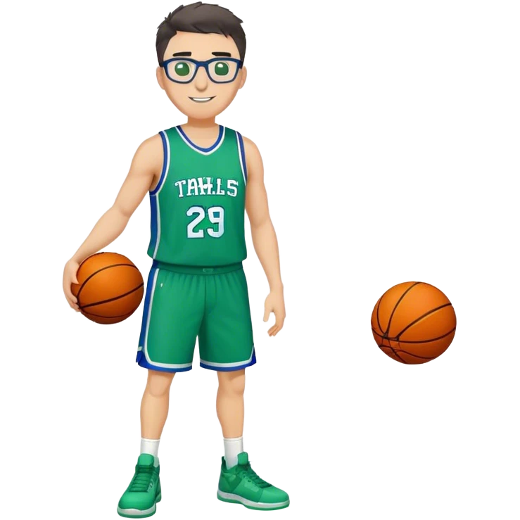Full Body heavy white male with dark short spike hair basketball player wearing glasses wearing blue green uniform smiling emoji