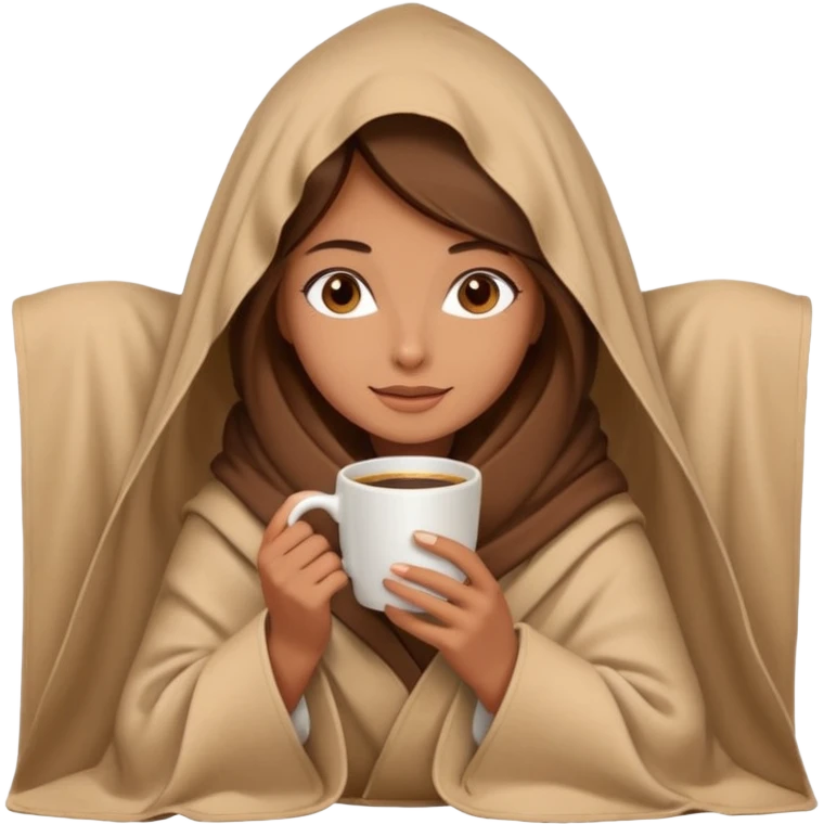 brown hair woman sitting under beige blanket, with a blanket over his head, holding cup of coffee, autumn mood emoji