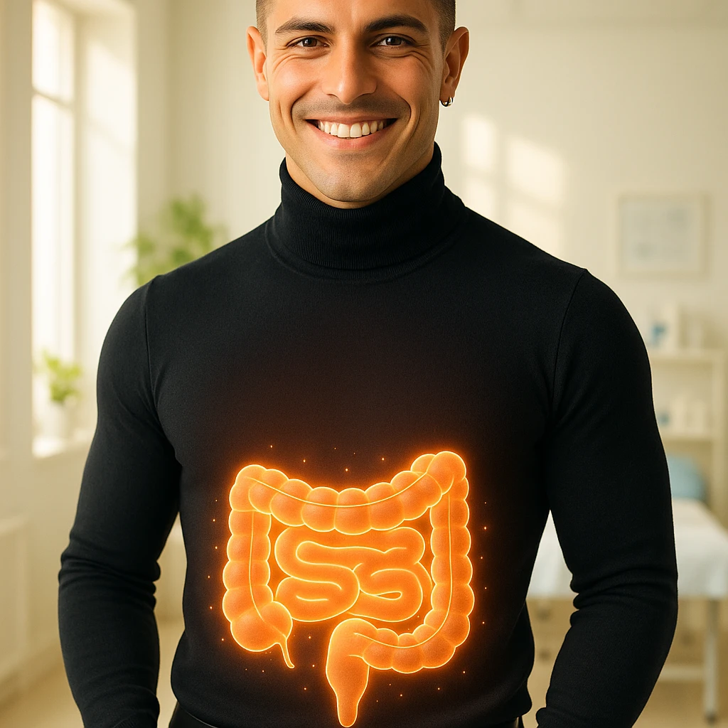 Create a semi-realistic, wellness-themed image of a healthy 30-year-old man inspired by the reference image. Show a stylized glowing intestine visualization with a clean and well-shaped gut. The man is smiling and standing confidently. The background is a minimalistic clinic with soft natural light, conveying a vibrant and healthy atmosphere. emoji
