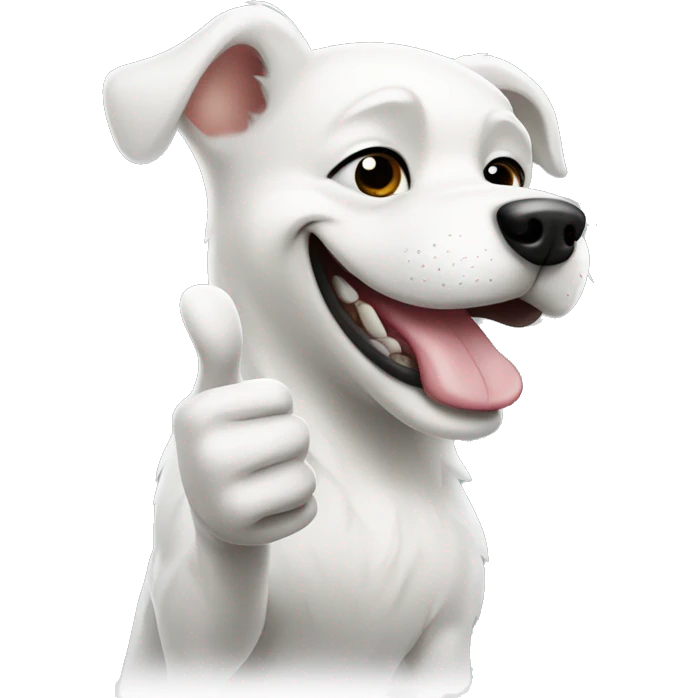 white dog with black spots smiling and giving a thumbs up emoji