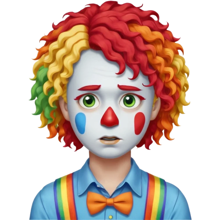 Rainbow-colored curly wig (red, yellow, green, and blue).

White face paint with blue eye makeup and a red nose.

Wearing orange suspenders over a blue shirt.

Sad, frowning expression. emoji