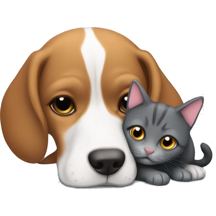 Beagle snuggling with fluffy dark grey cat emoji