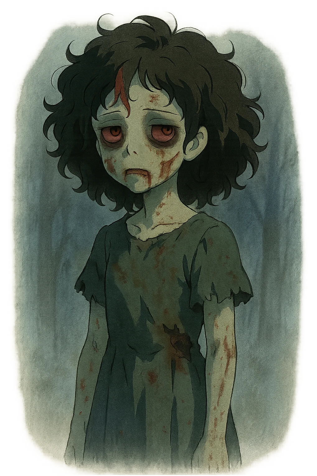 ghibli style of a zombie girl with curly black hair and red streaks, mysterious atmosphere, transparent background emoji