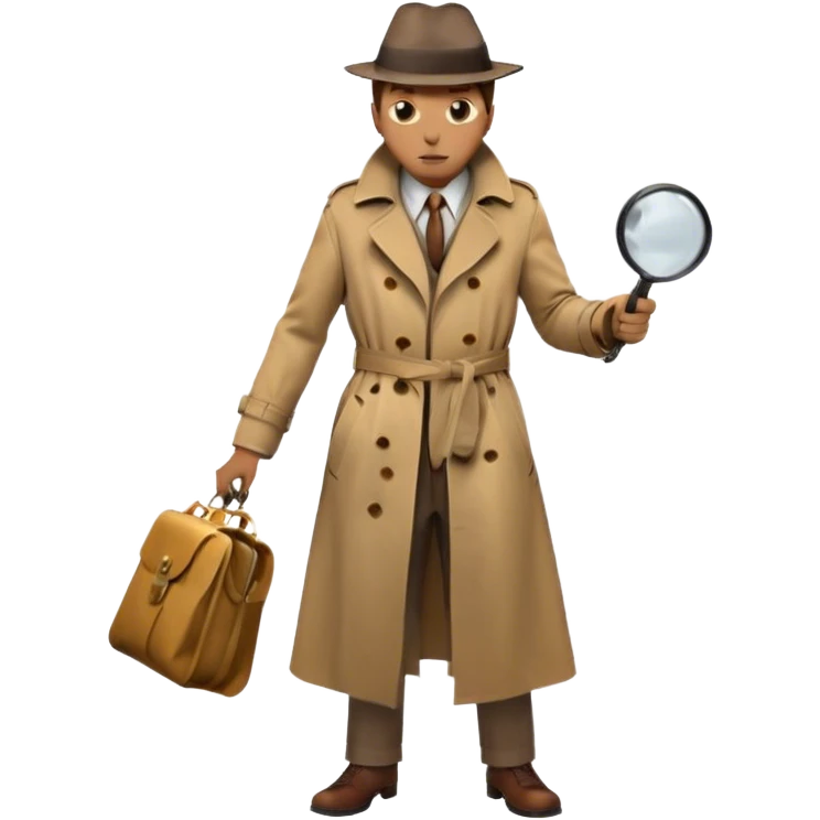 Icon for Detective Movie: A vintage movie poster-style design of a mysterious detective in a trench coat, holding a magnifying glass. Include dark alleyways, fog, and shadowy figures. The design should evoke a classic noir detective story with retro cinematic typography. Transparent background. emoji
