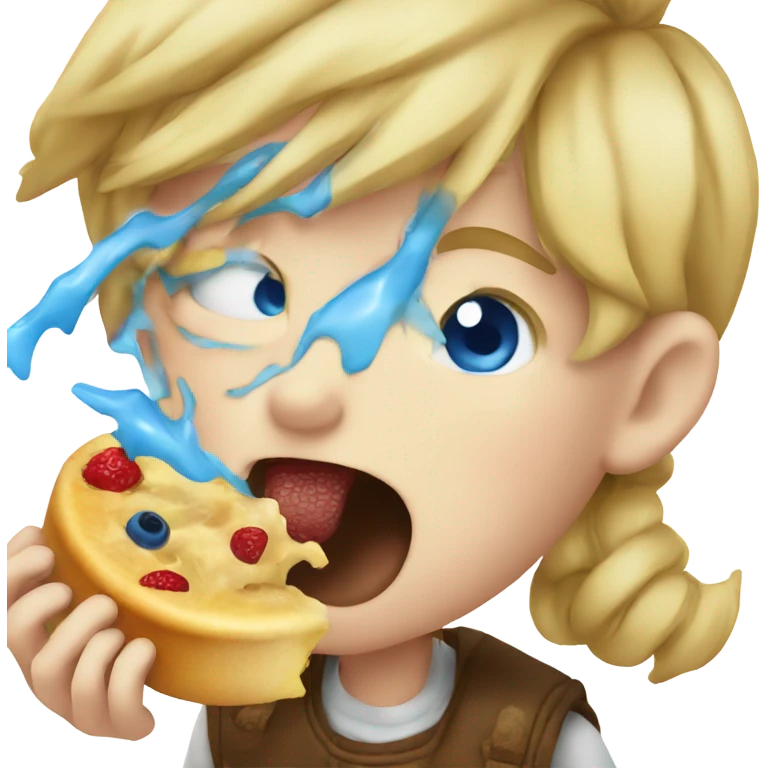 boy licking food with blue eyes pointing finger as a no emoji