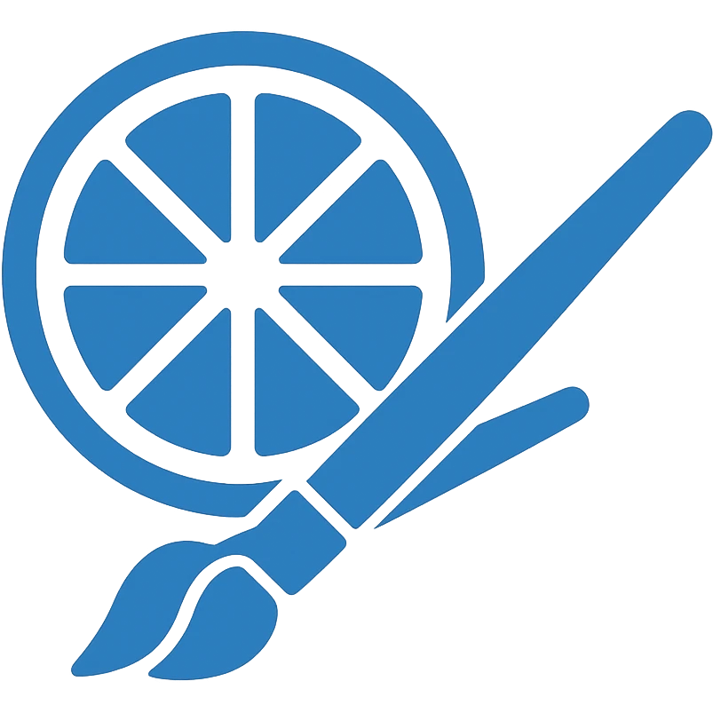 Redesign the green icon with citrus and paintbrushes in a very simple, flat color clip art style. Use minimal shapes, blue as the main color, inspired by the blue folder and app icons provided. No text, transparent background. emoji