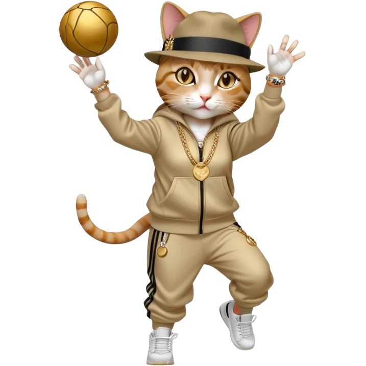 female cat wearing Run DMC hip-hop outfit with tracksuit, fedora, Adidas sneakers, many gold chains, rings, bracelets, flashy earrings, reaching up and catching a ball high in the air, no sunglasses emoji