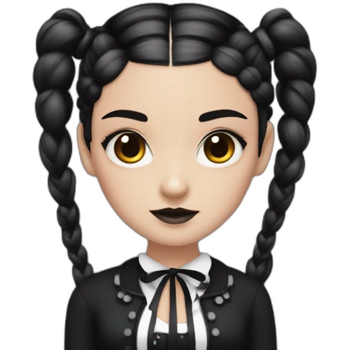 A girl with dark hair two braids and black eyes in style of Wednesday Addams emoji